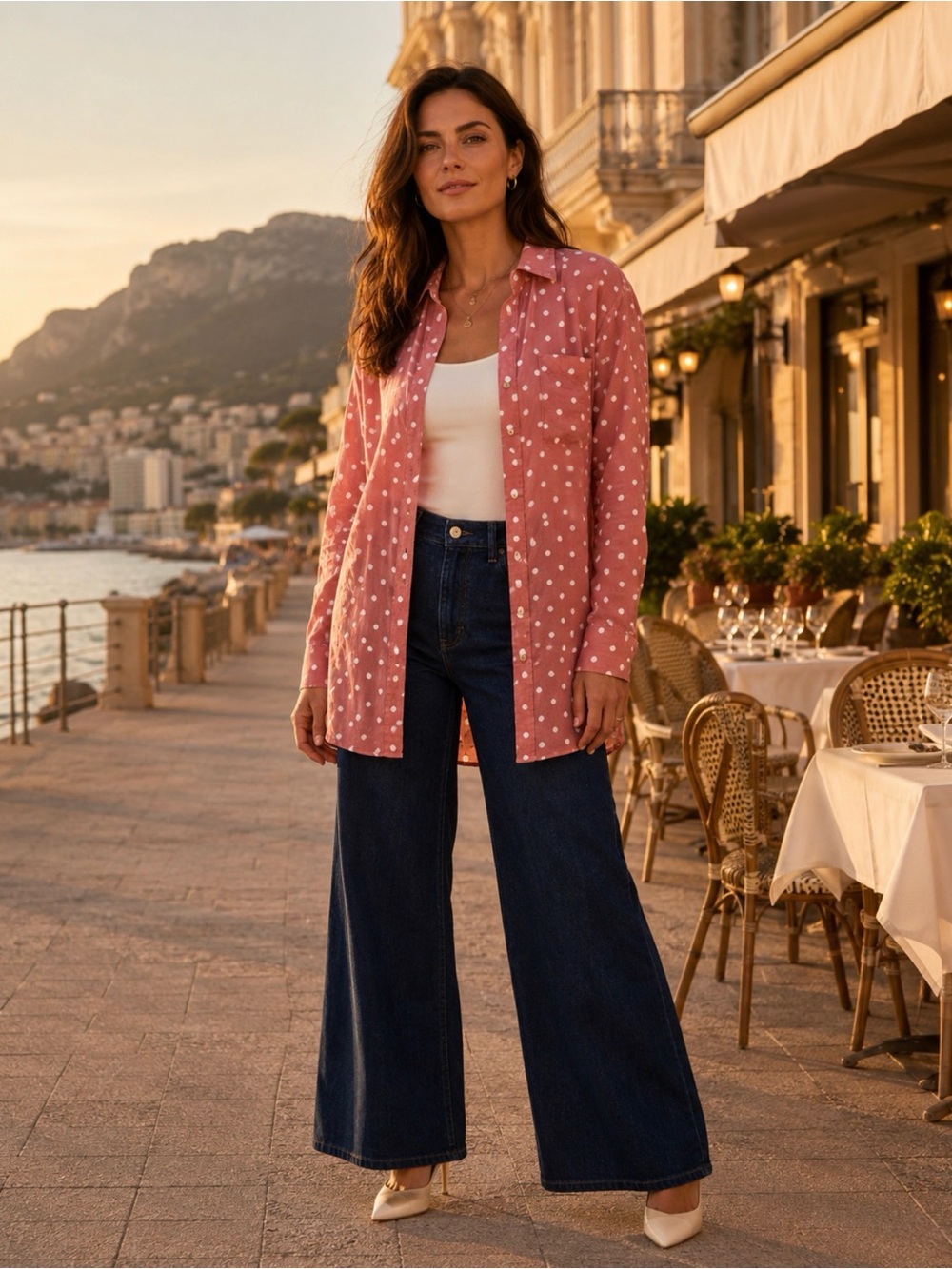 J.Jill Coral Pink Embroidered Dot Cotton Button Down Tunic Top L